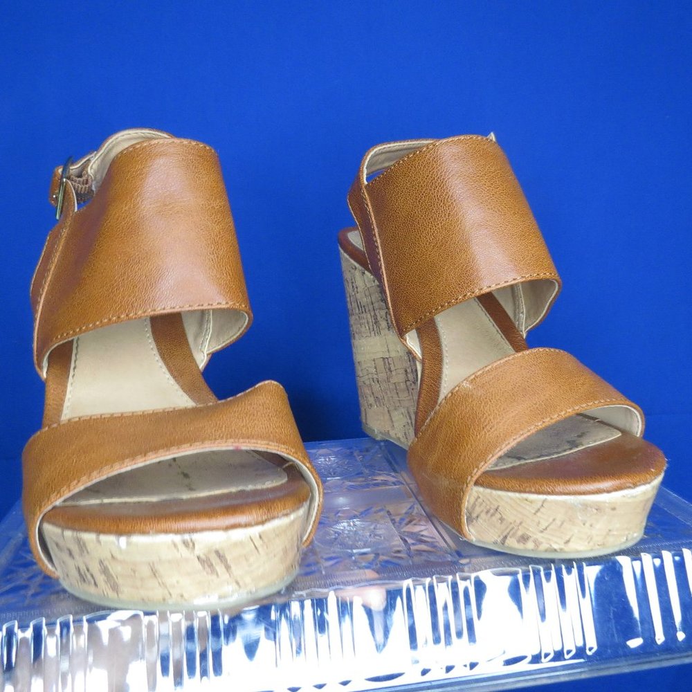 Cognac Strapped Wedges